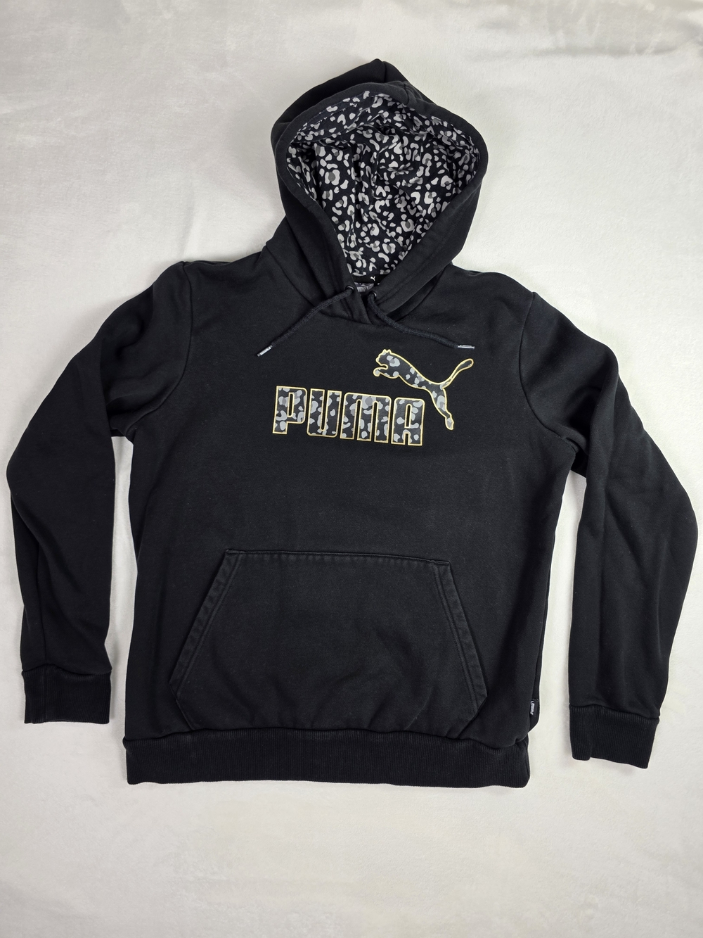 Puma Women's Black Hoodie with Leopard-Print Logo